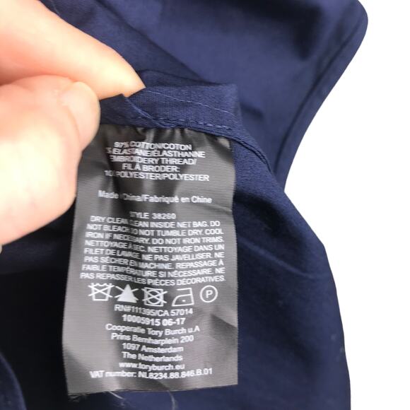 Tory Burch Blouse Womens Sz 2 Navy Blue Geometric Mirror Collar‎ 3/4 Bell Sleeve - Picture 8 of 8